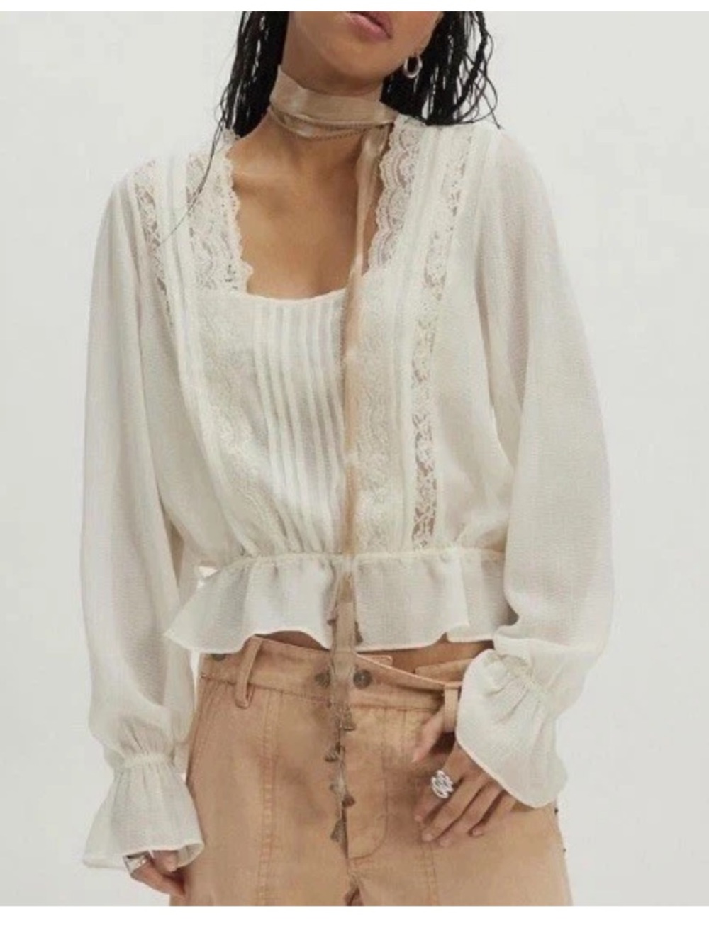 Free People Nova Semi-Sheer Chiffon Lace Detail White Top NWT Size XS